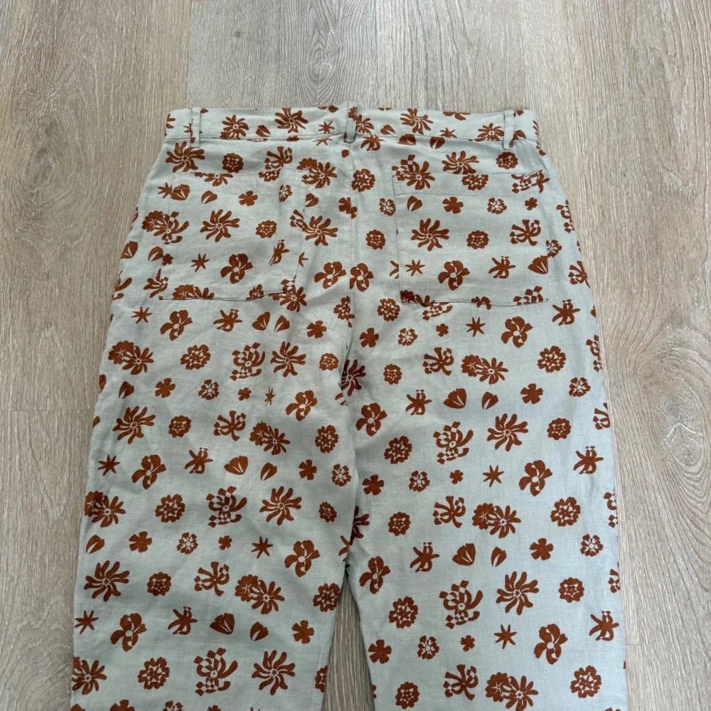 Alex Crane Cham Pants Mens 31 Bone Rust Floral 100% Linen Straight Leg Trousers